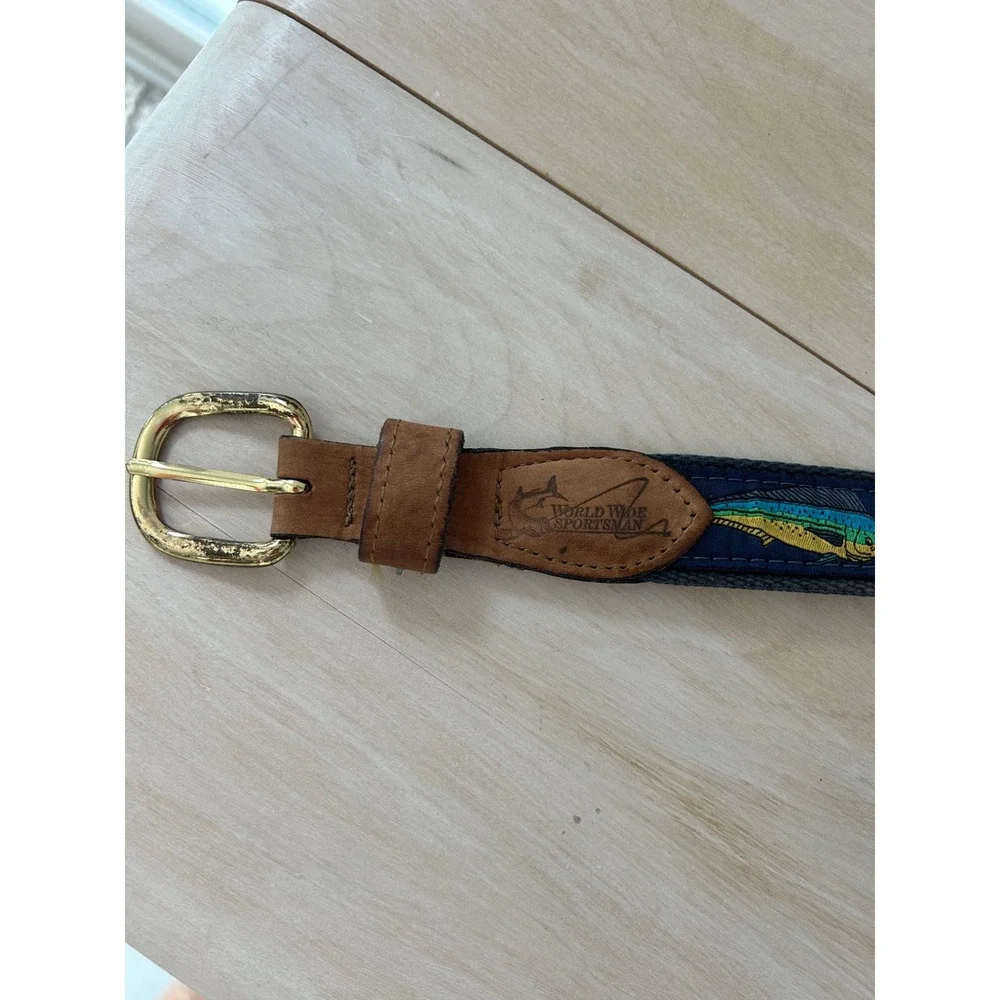 World Wide Sportsman Mens Fish Ribbon Belt Navy Blue Leather Brass Size 38 USA